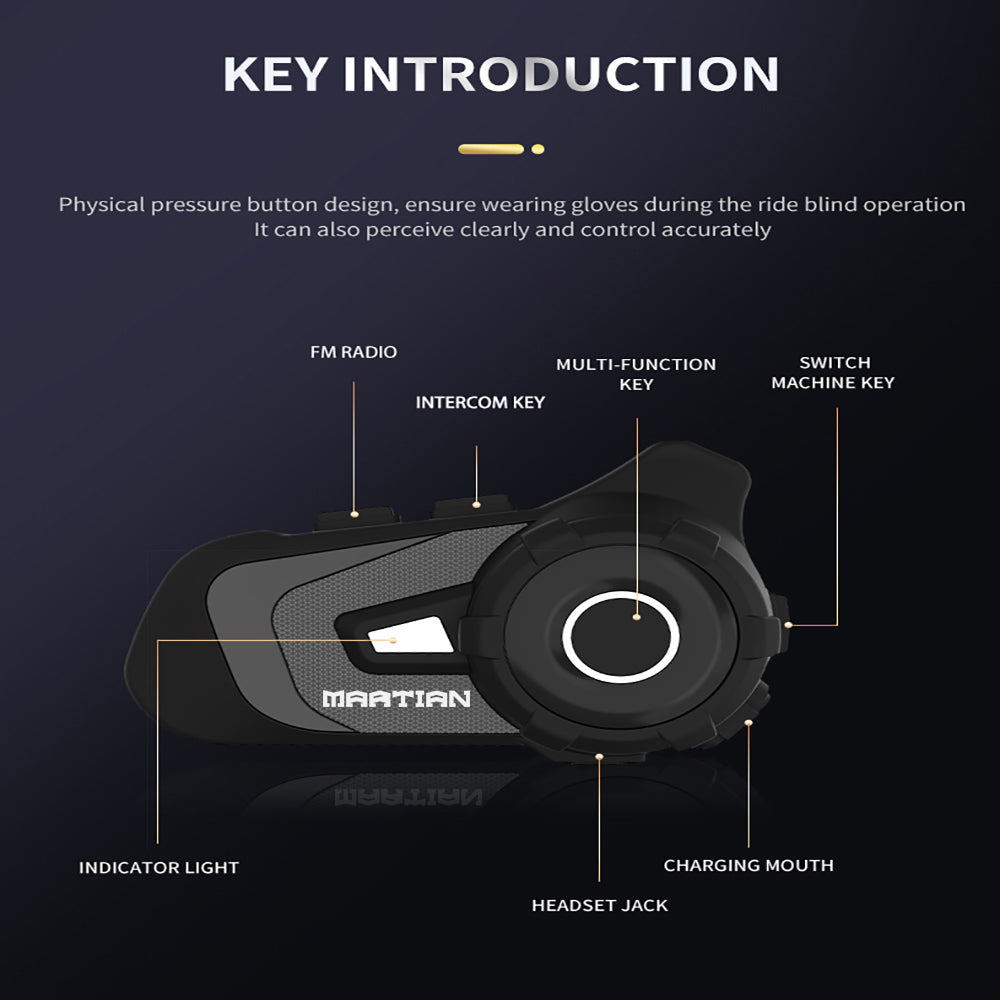 Martian Motocycle Helmet Wireless Waterproof Bluetooth Headset BlueT-S2 /6 Riders Intercom/1000M Intercom/FM Radio/Moto Biking & Skiiing/2 in 1 Microphone/